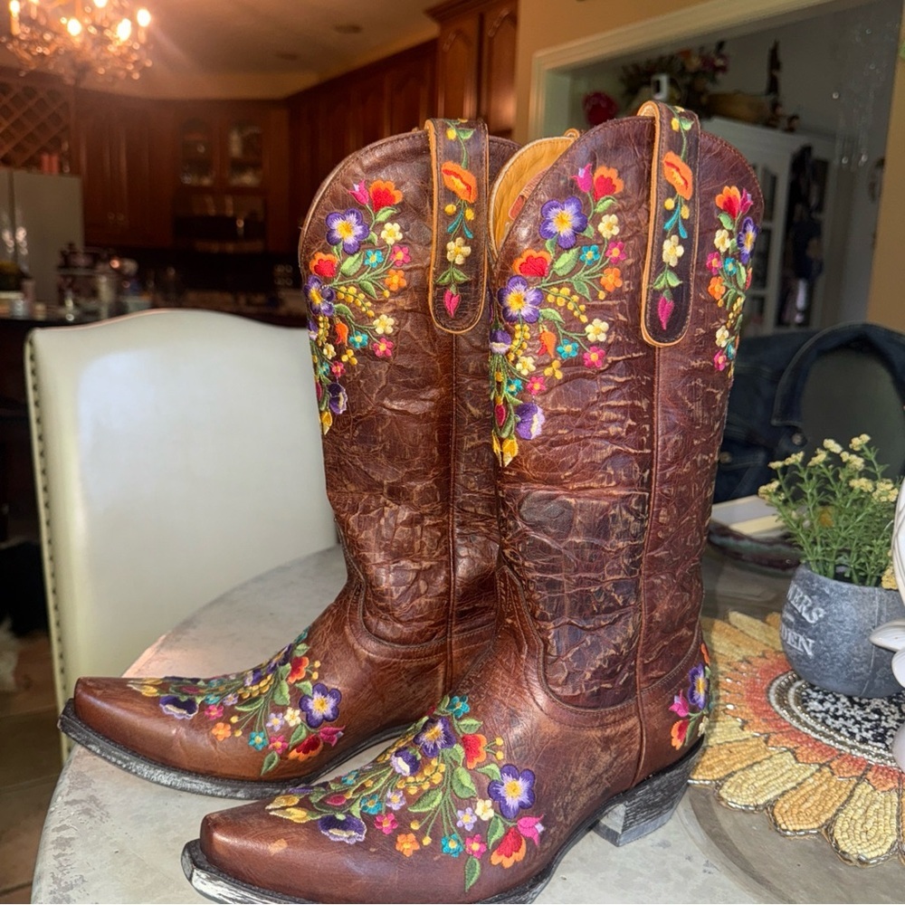 Old Gringo Brown Leather Western Boots with Multicolor Floral Embroidery